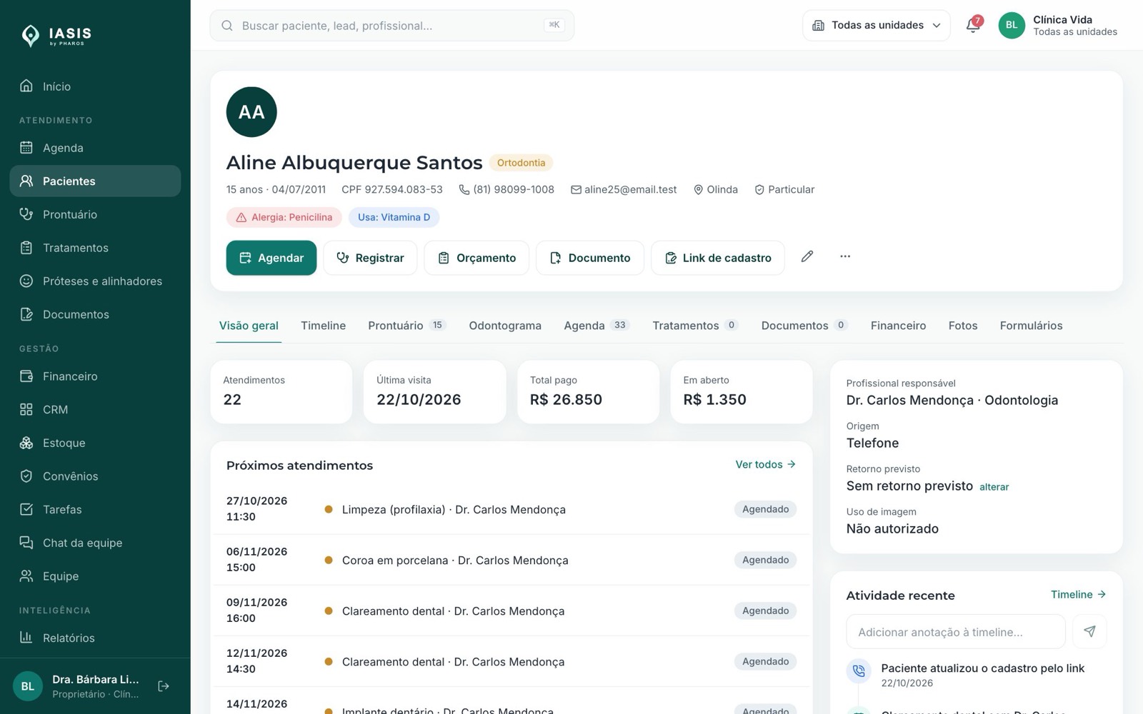 Ficha do paciente com visão geral e timeline